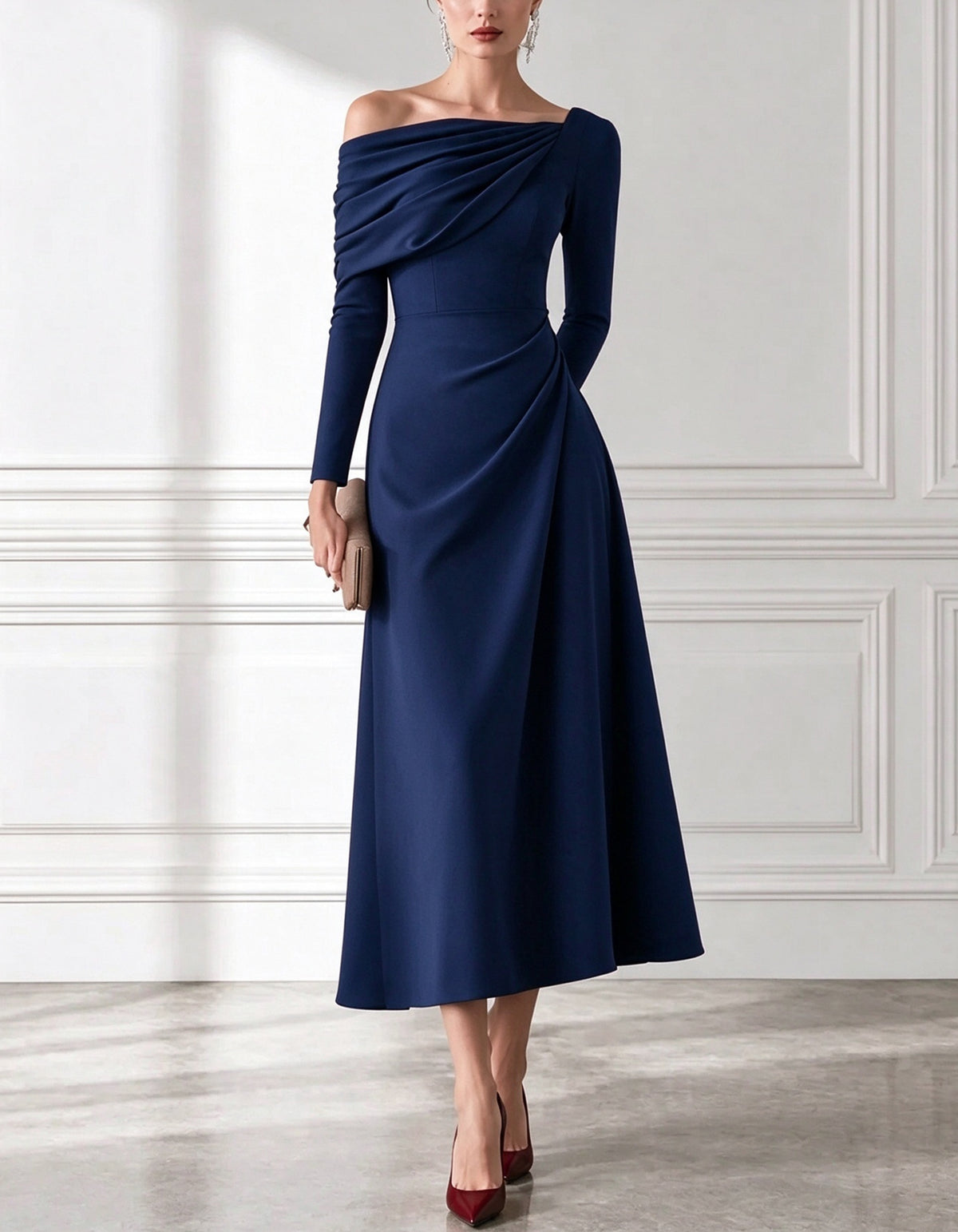Asymmetrical Off Shoulder Long Sleeve Ruched Waist Midi Dress