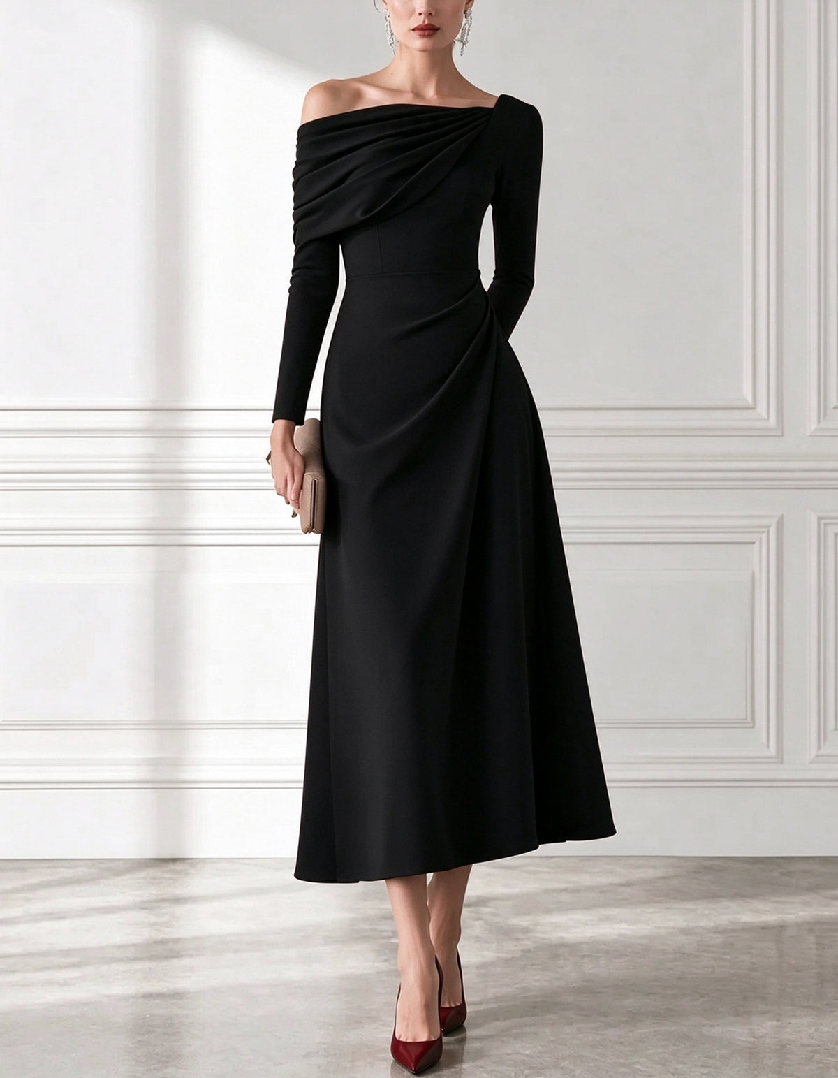 Asymmetrical Off Shoulder Long Sleeve Ruched Waist Midi Dress