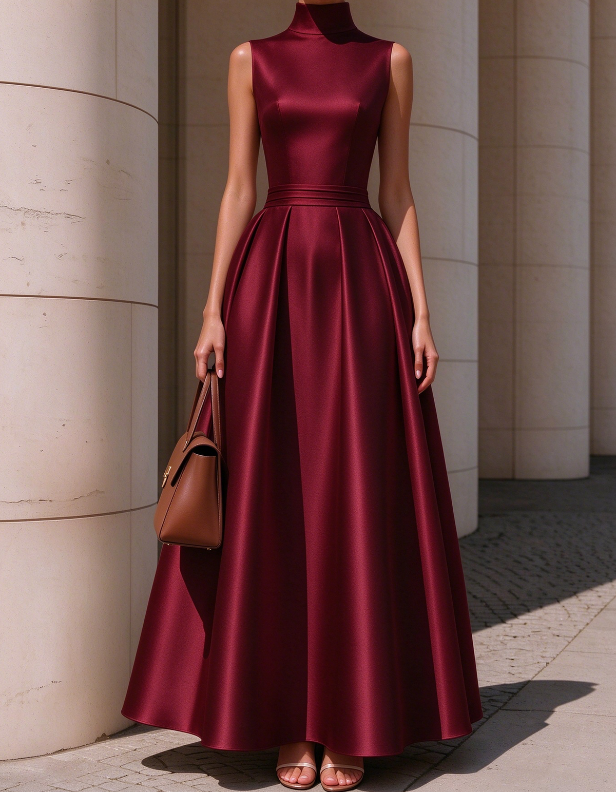 Vestido maxi de cetim sem mangas, com gola subida, pregas e corte em linha A