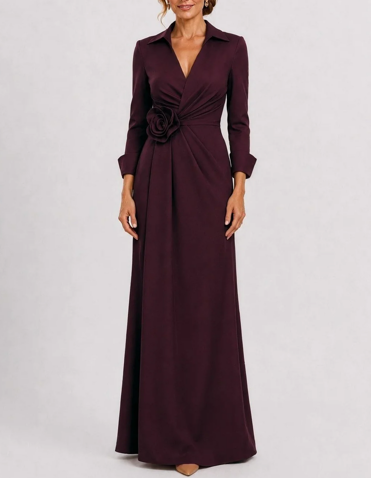 Collared Wrap Long Sleeve 3D Rose Waist Maxi Dress