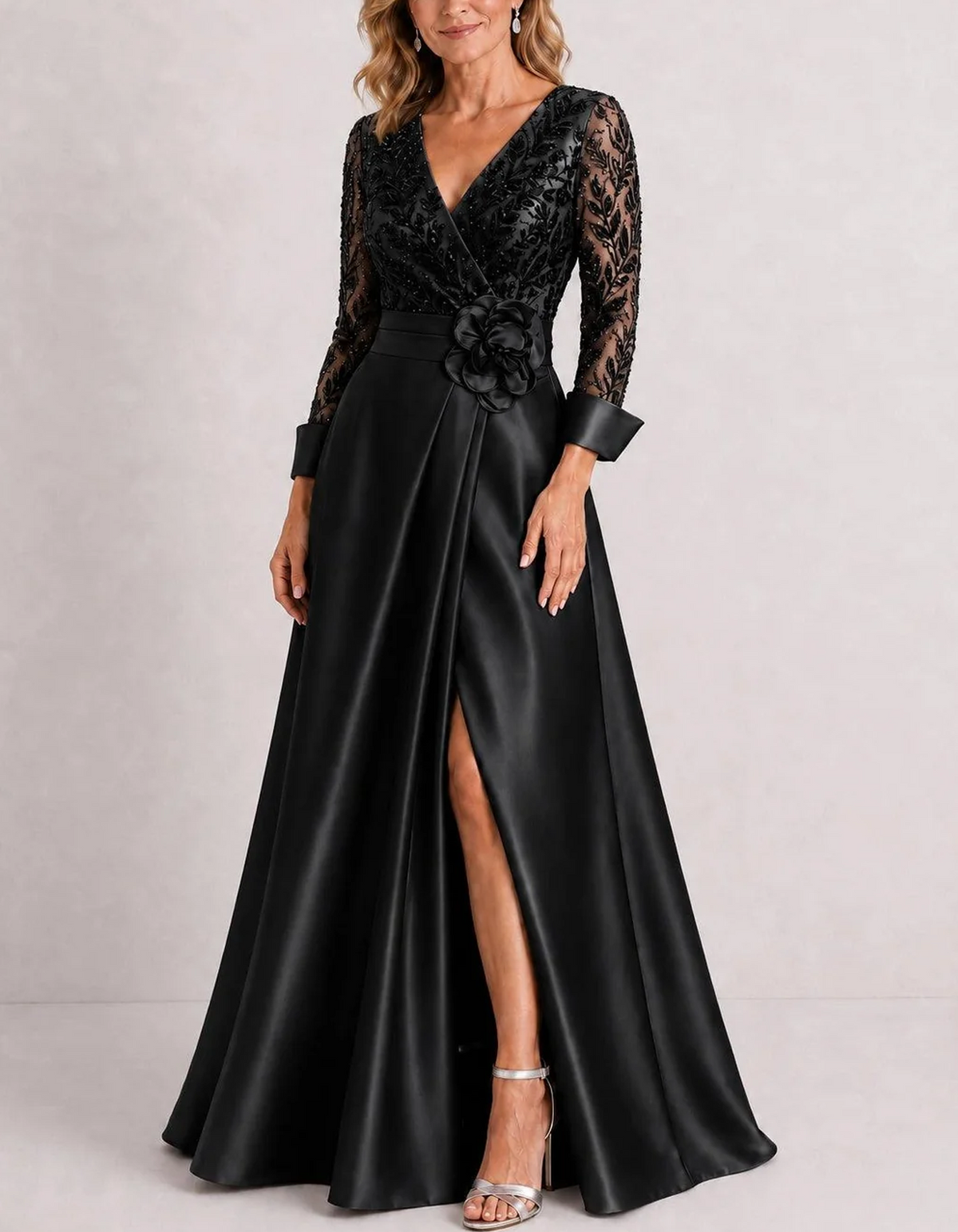 V Neck Wrap Satin With 3D Rose & Front Slit Maxi Dress