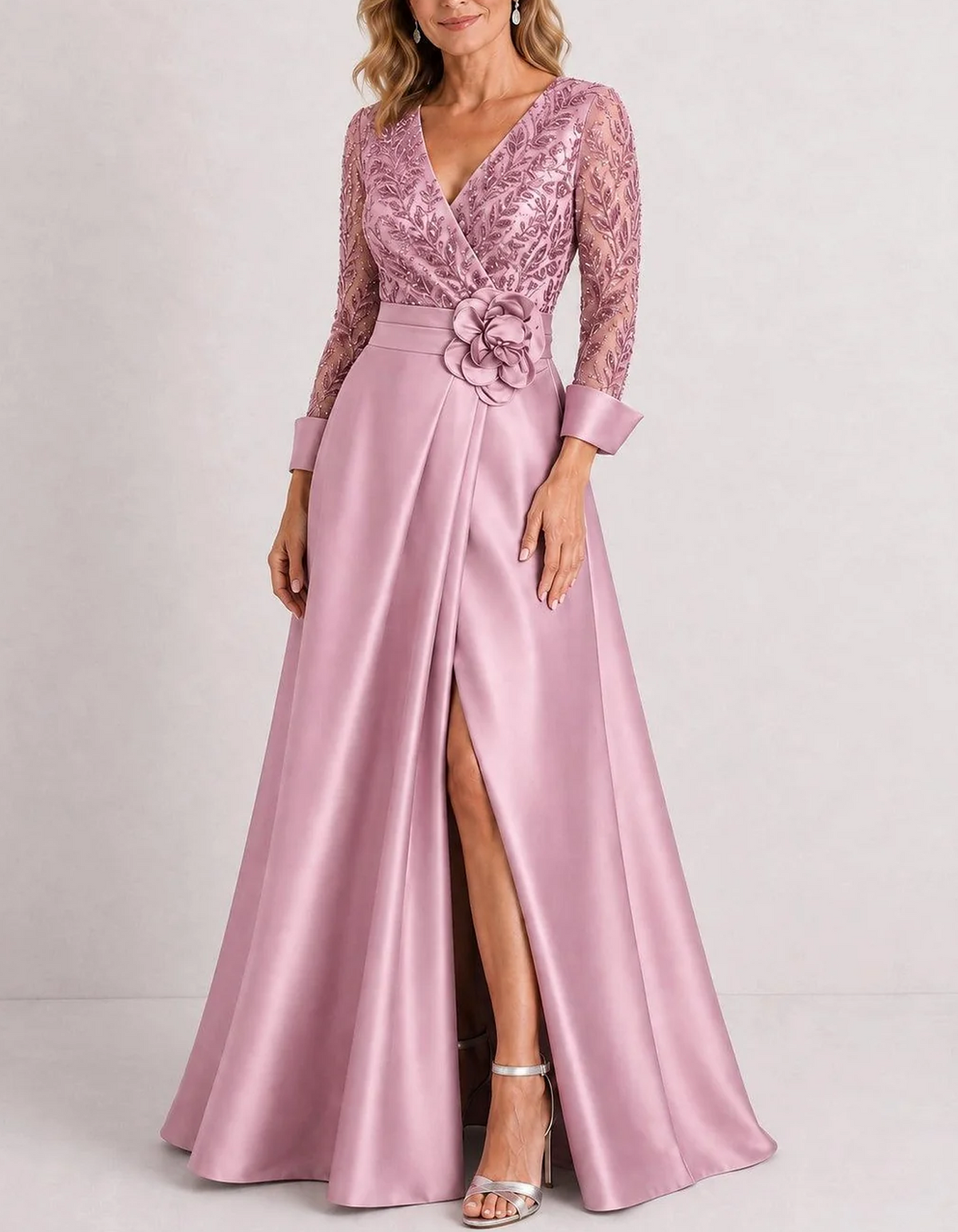 V Neck Wrap Satin With 3D Rose & Front Slit Maxi Dress