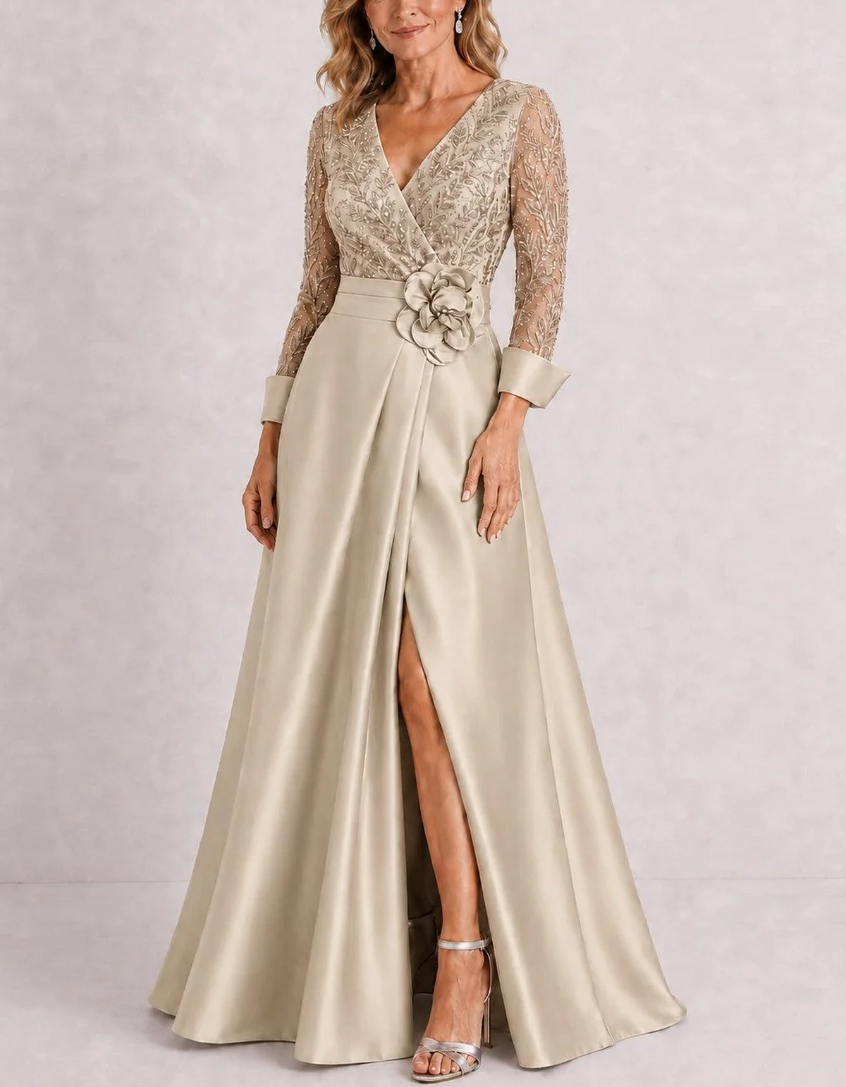 V Neck Wrap Satin With 3D Rose & Front Slit Maxi Dress
