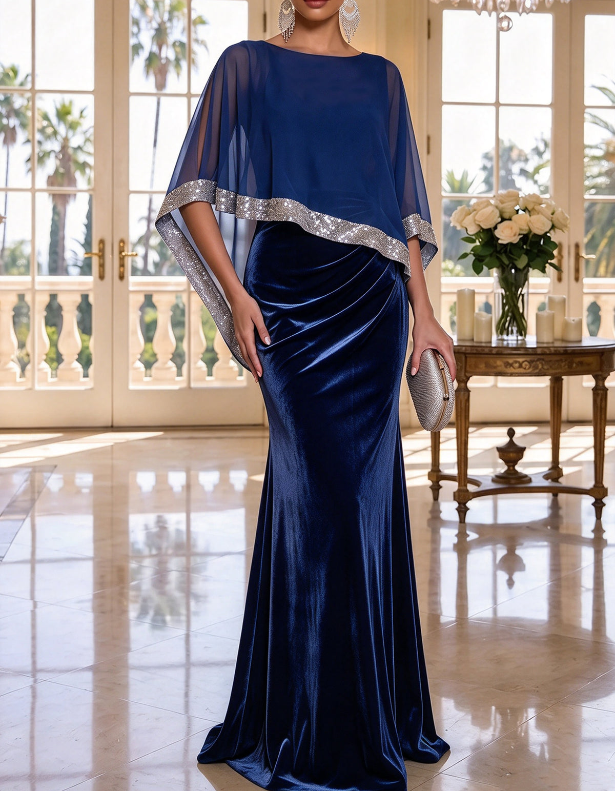 Grey Sequin Trim Chiffon Cape Velvet Mermaid Maxi Dress