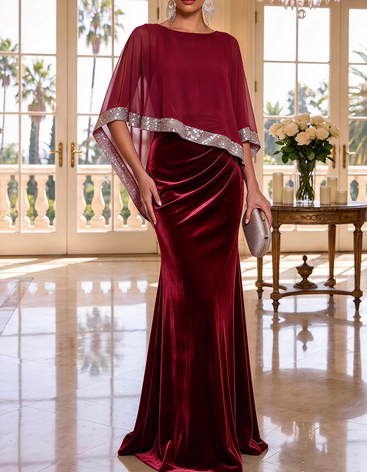 Grey Sequin Trim Chiffon Cape Velvet Mermaid Maxi Dress