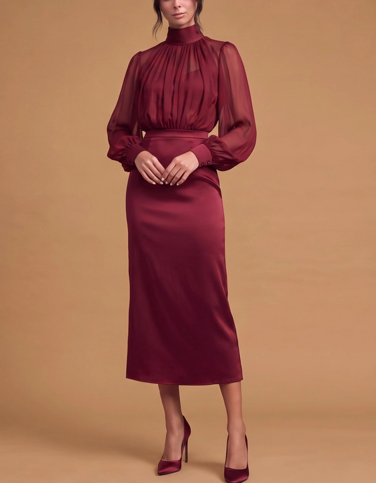 Vestido midi de gasa y satén con cuello alto, mangas bishop transparentes