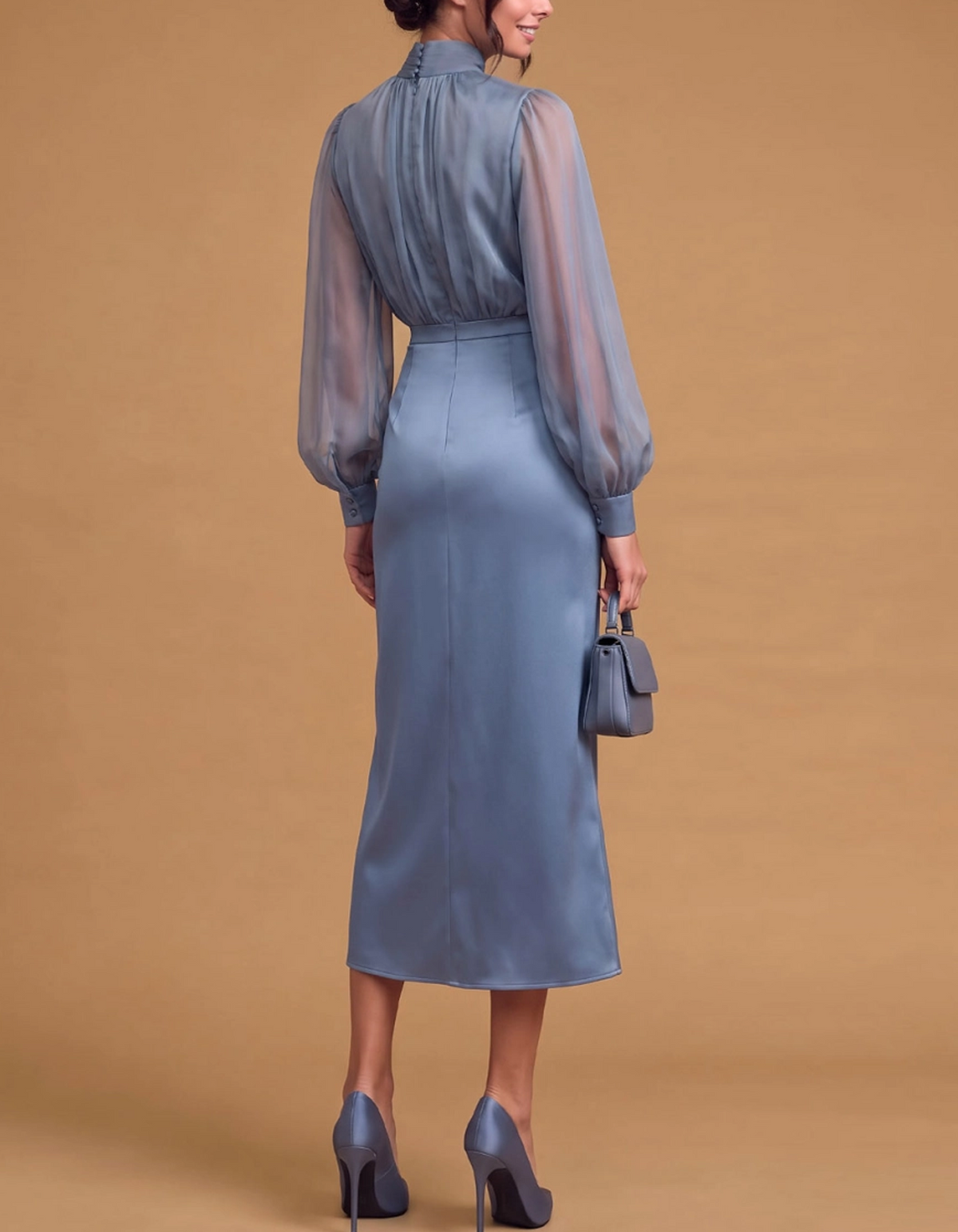 Rochie midi din șifon și satin, transparentă, cu guler înalt și mâneci tip bishop