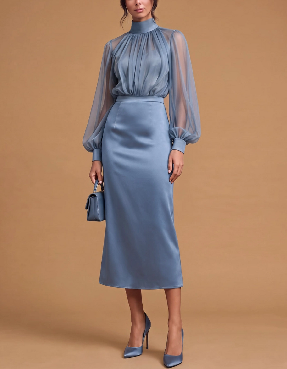 Vestido midi de gasa y satén con cuello alto, mangas bishop transparentes