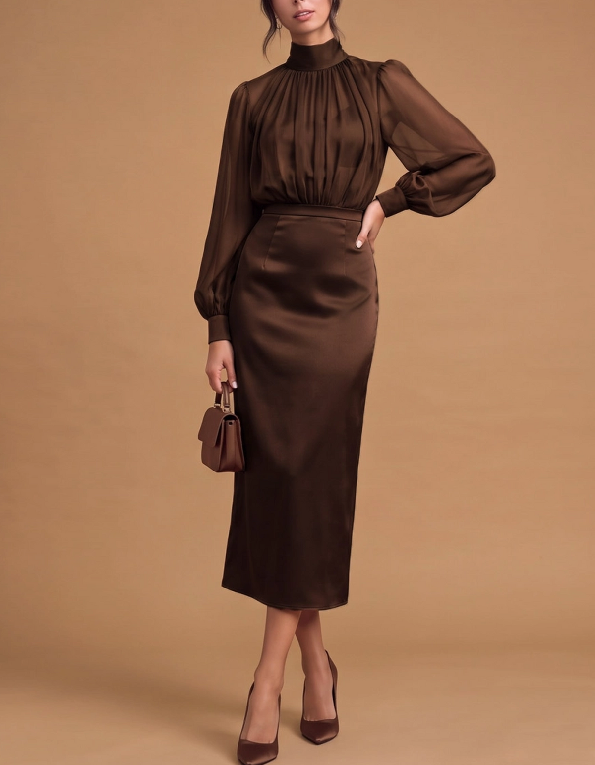 Vestido midi de gasa y satén con cuello alto, mangas bishop transparentes