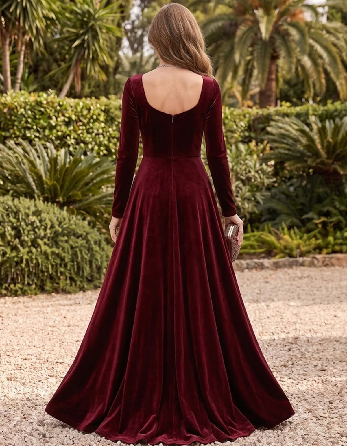 Burgundy Velvet Sweetheart Neck Pleated Long Sleeve Maxi Dress