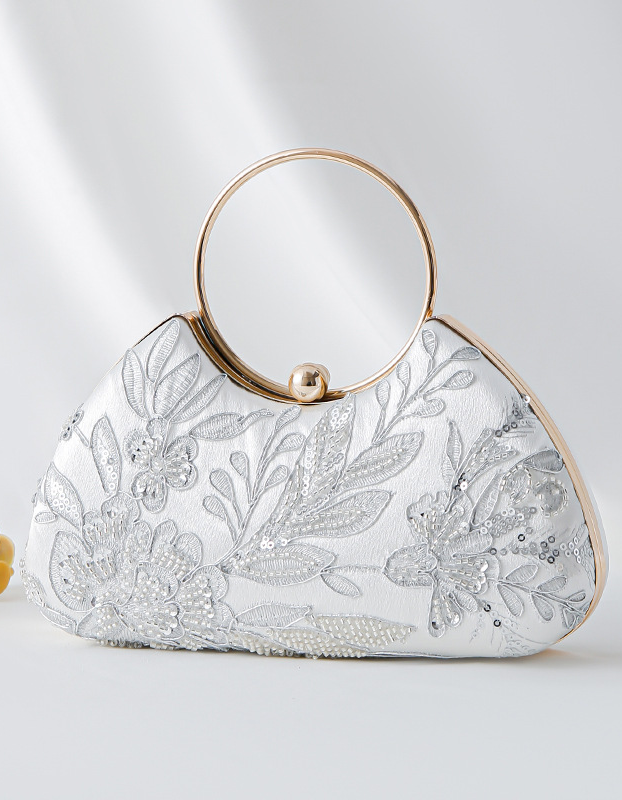 Champagne Satin Beaded Floral Evening Handbag