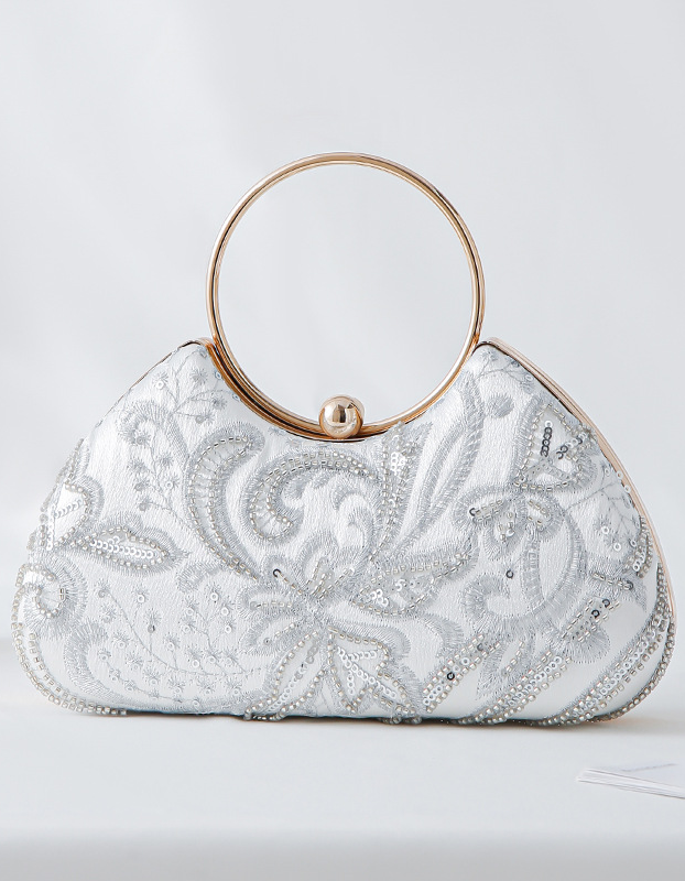 Champagne Satin Beaded Floral Evening Handbag