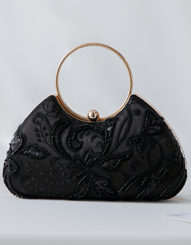 Champagne Satin Beaded Floral Evening Handbag