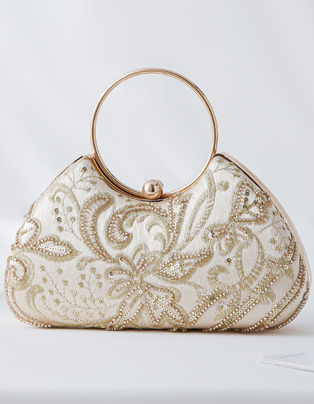 Champagne Satin Beaded Floral Evening Handbag