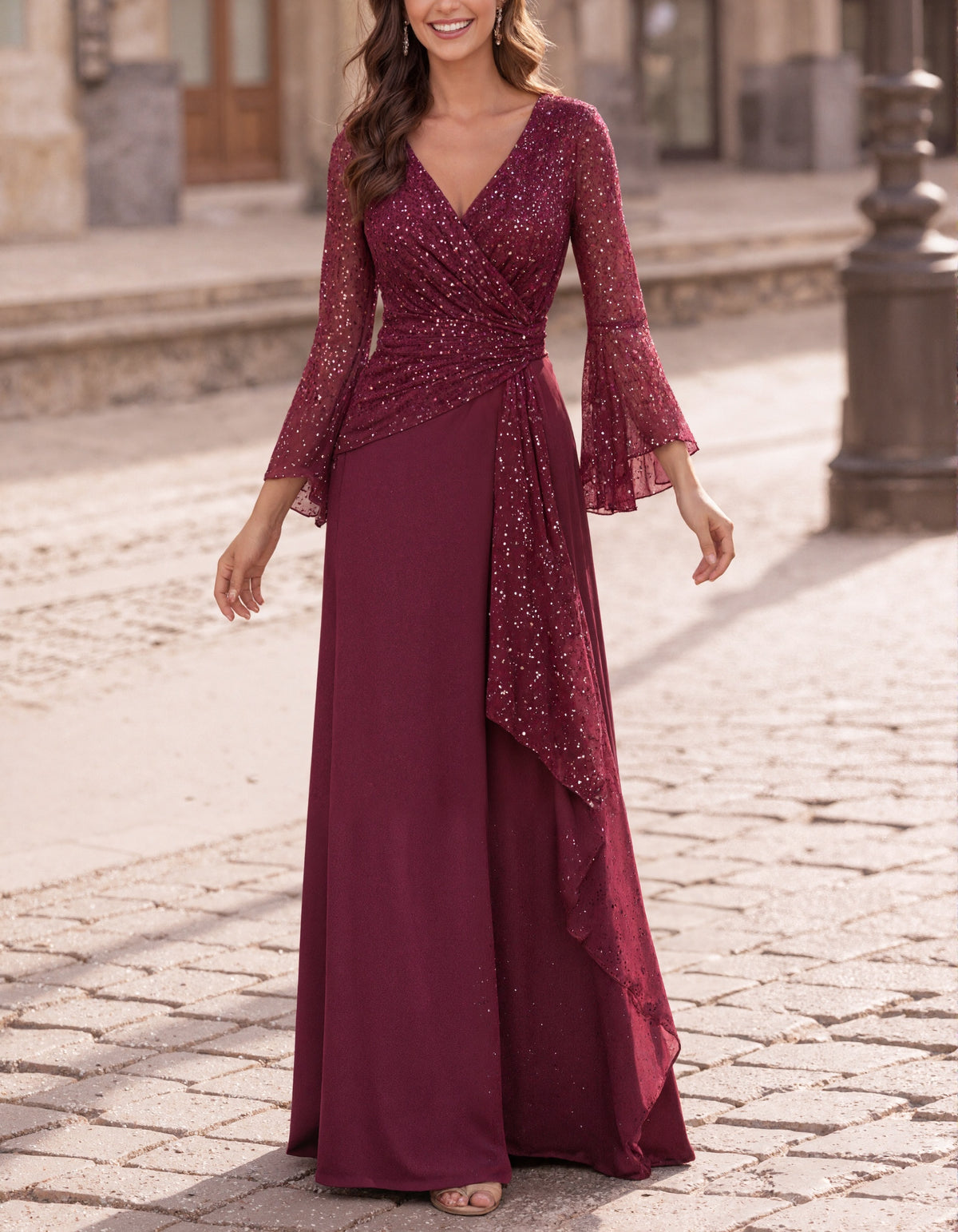 Vestido largo de malla con lentejuelas color burdeos y escote en V