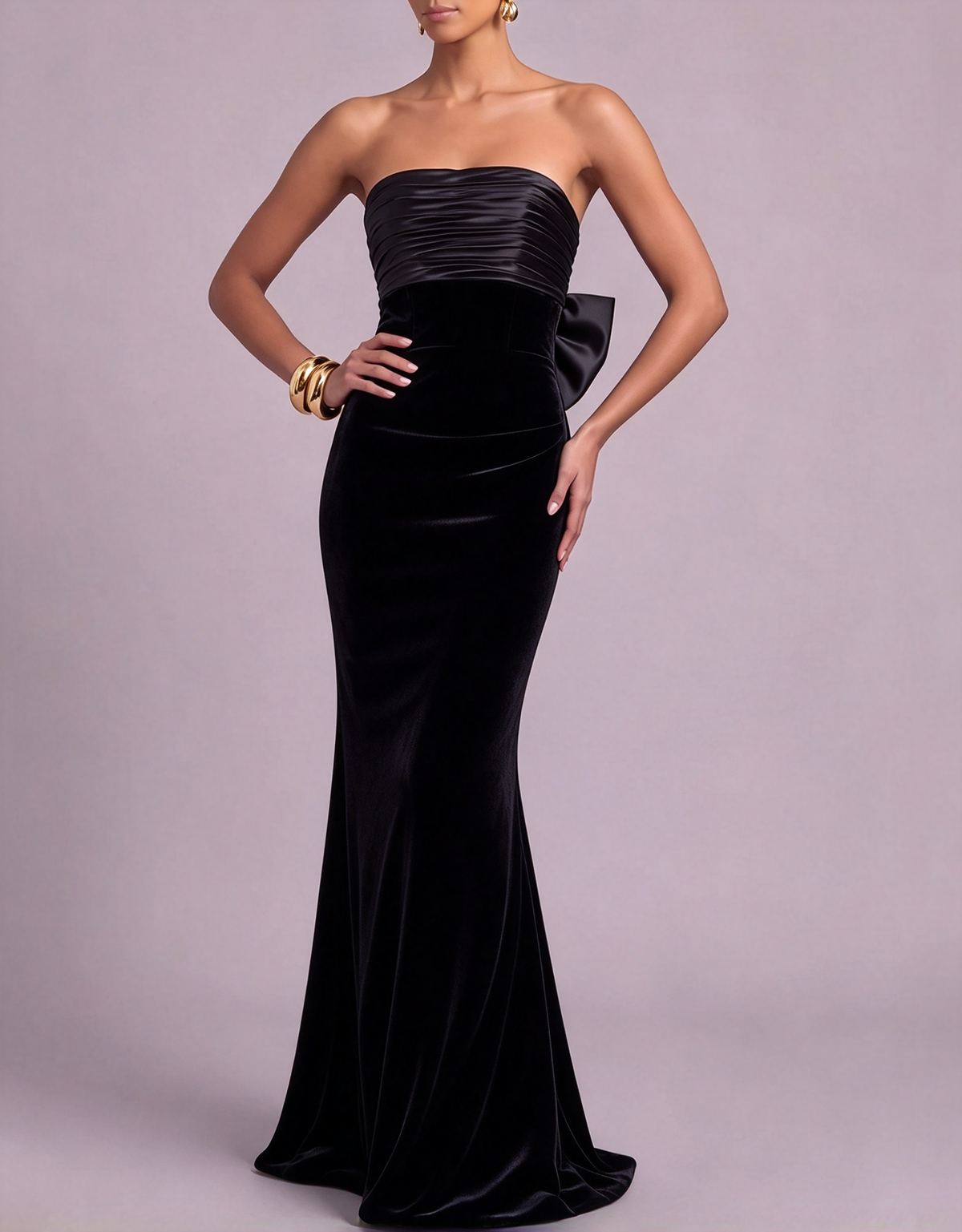 Robe longue de soirée sirène bustier en satin et velours