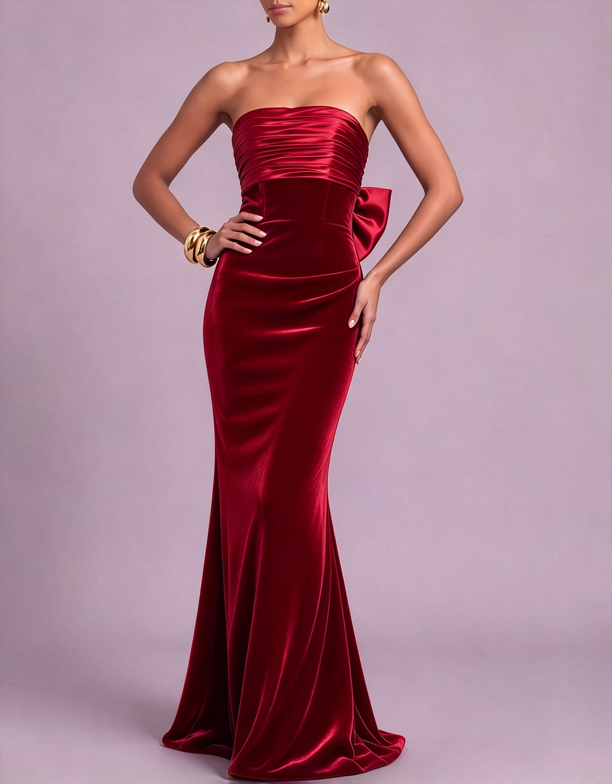Strapless Satin Velvet Mermaid Evening Maxi Dress
