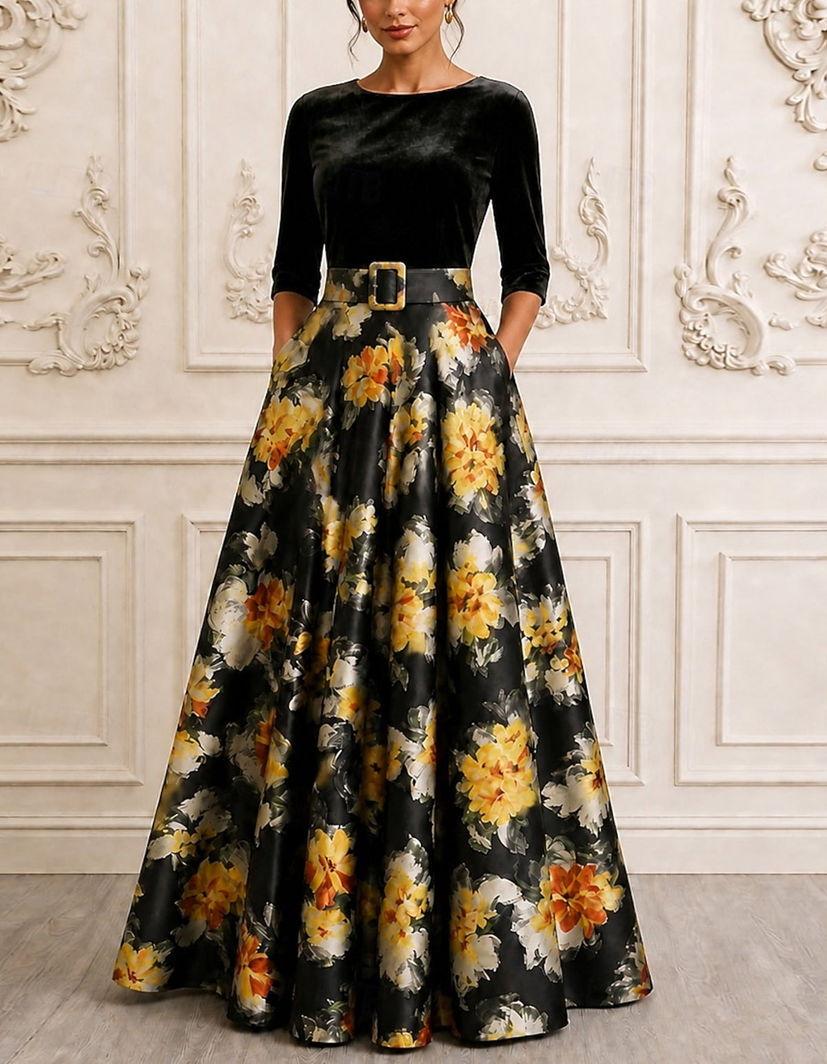 Schwarzes Maxikleid aus Samt mit Einsätzen aus bedrucktem Satin