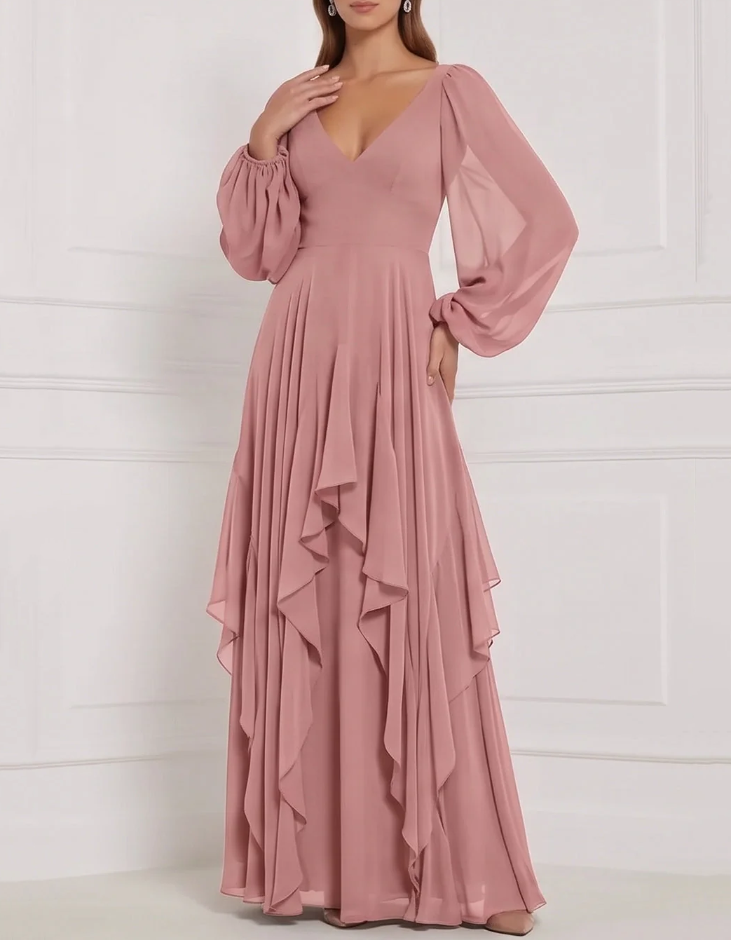 Vestido largo de gasa con escote en V, mangas abullonadas largas, volantes y corte evasé