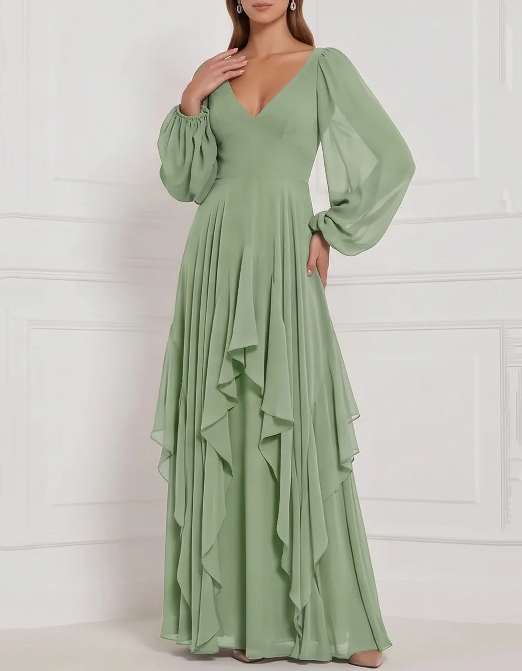 Vestido largo de gasa con escote en V, mangas abullonadas largas, volantes y corte evasé