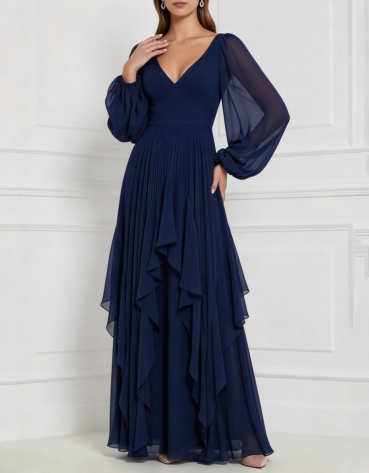 Vestido largo de gasa con escote en V, mangas abullonadas largas, volantes y corte evasé