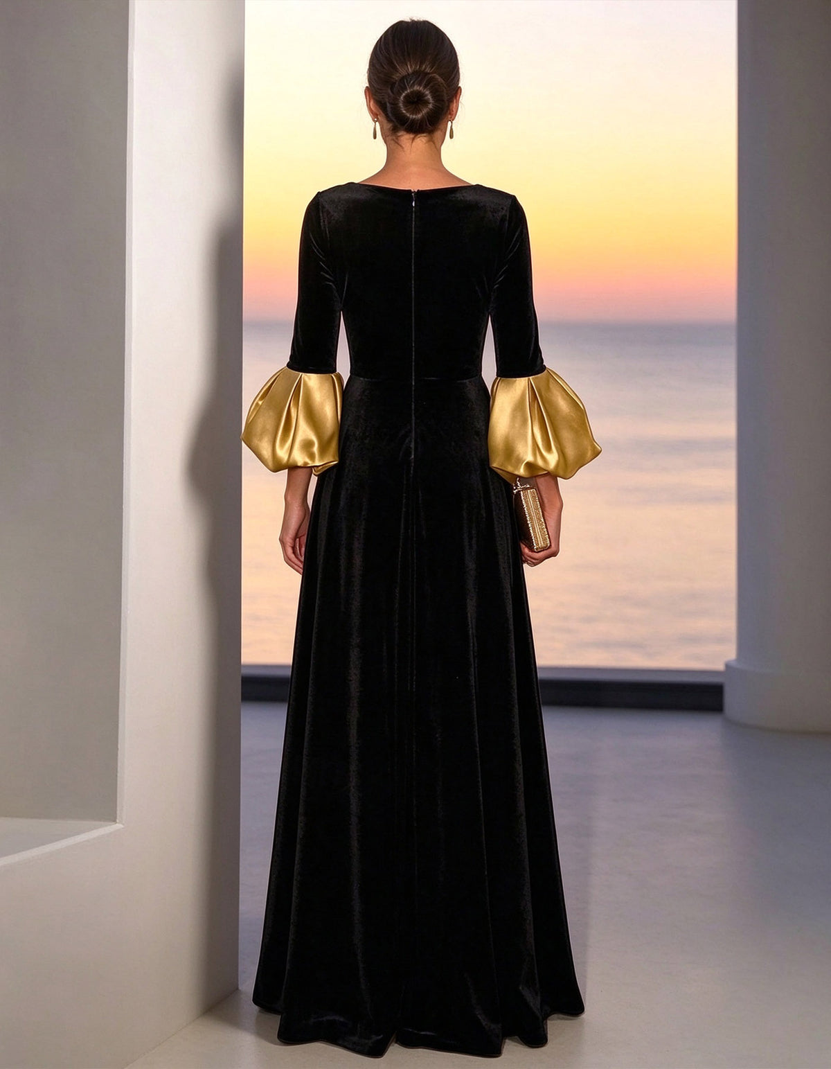 Solid Color Velvet And Satin Cuffs Maxi Dress