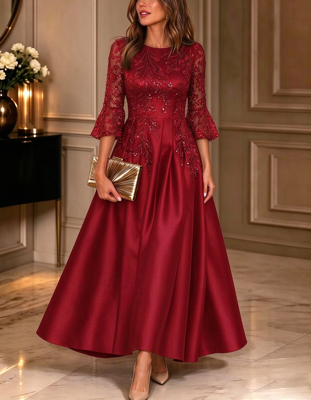 Solid Color Round Neck With Sequin And Satin Paneling Maxi Dress