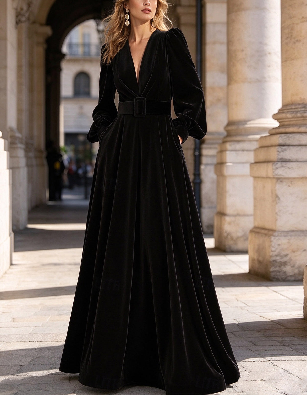 Solid Color Velvet Deep V-Neck Maxi Dress