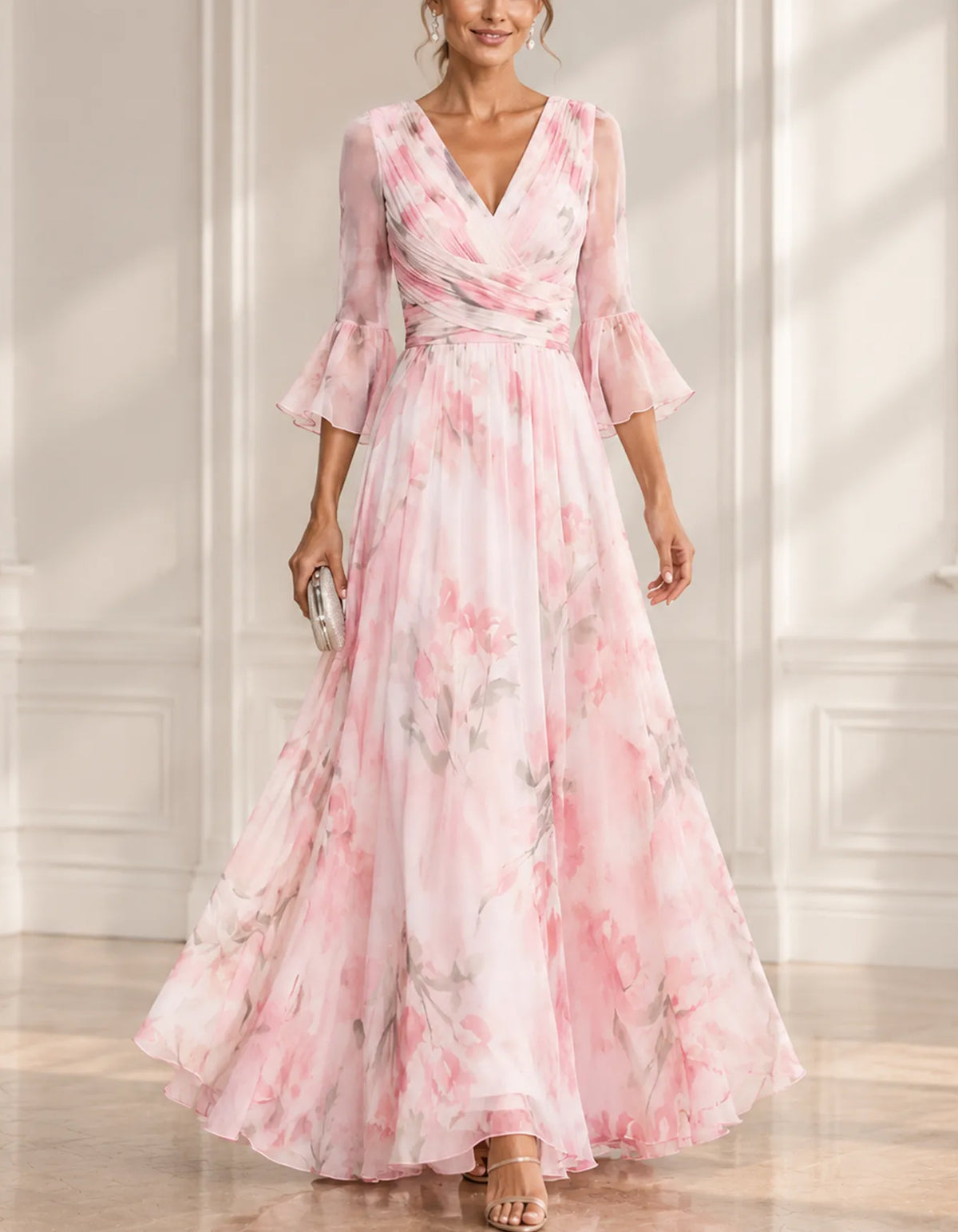 Maxijurk van chiffon met roze aquarel-bloemenprint, V-hals en 3/4-klokmouwen