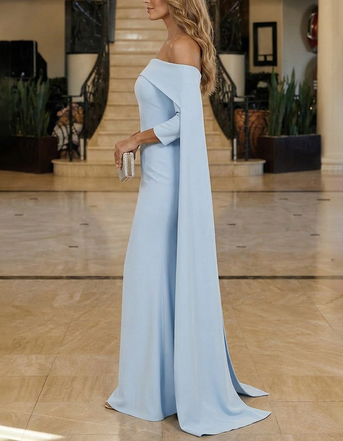 Vestido maxi sirena de hombros descubiertos en azul claro