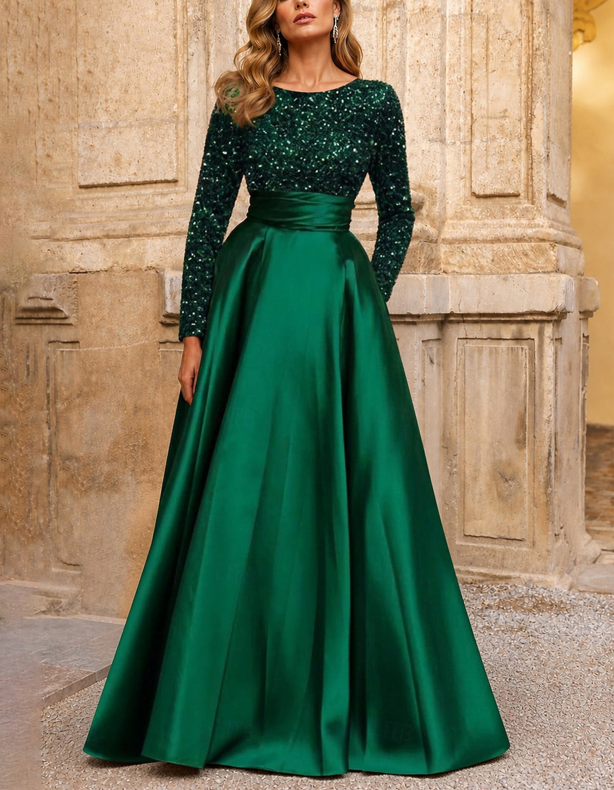 Vestido maxi de cetim com corpete de lantejoulas, decote redondo e corte em linha A, vermelho