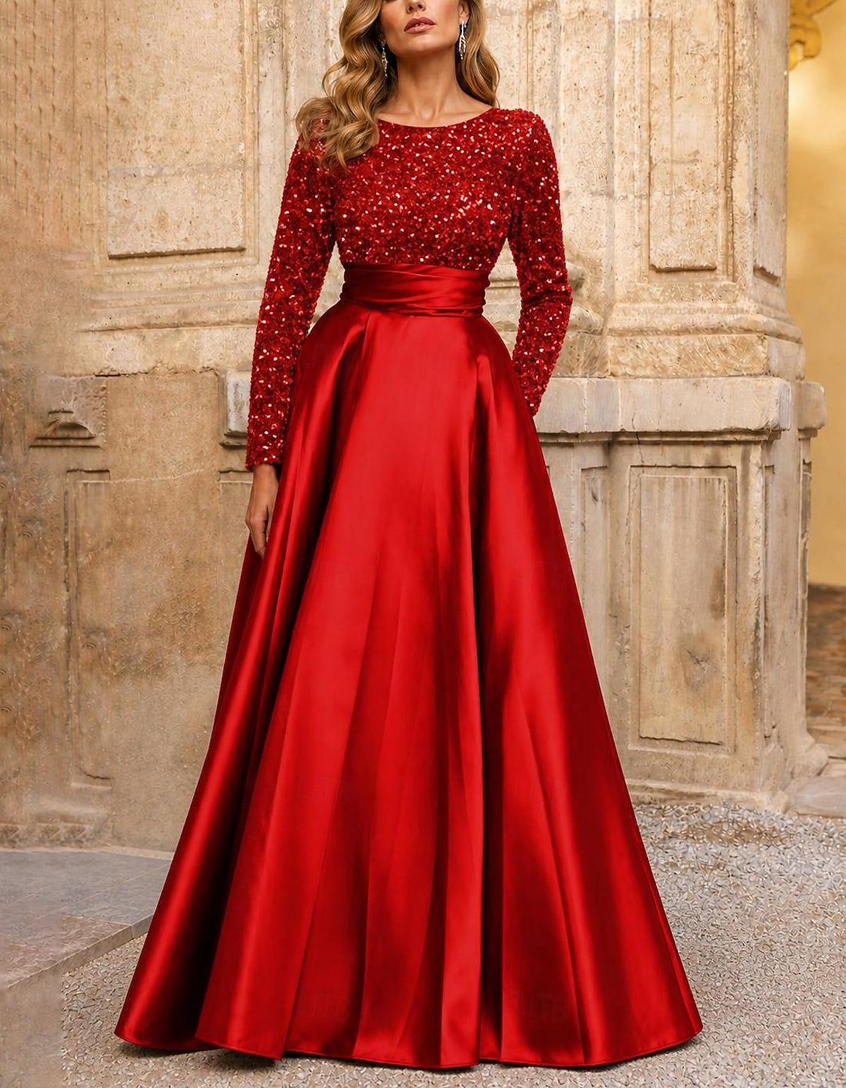 Rotes A-Linien-Maxikleid mit Rundhalsausschnitt, Paillettenbesatz am Oberteil und Satin