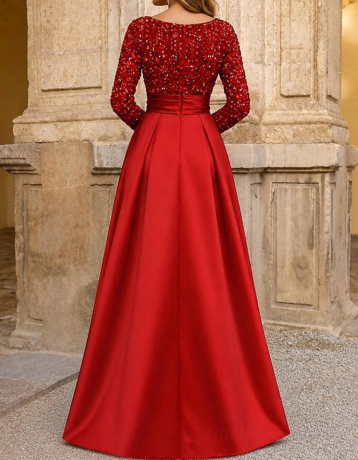 Red Round-Neck Sequin Bodice Satin A-Line Maxi Dress