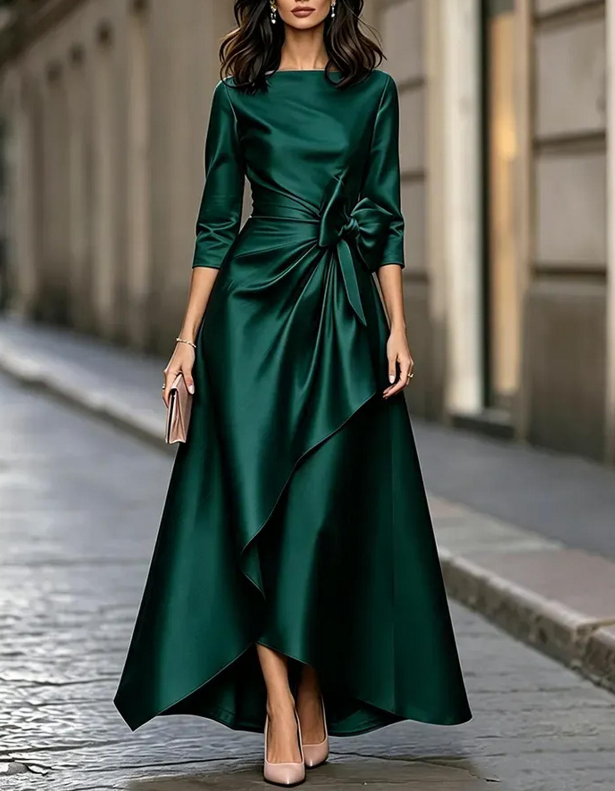 3/4 Sleeve Boat Neck Satin Waist Bow Asymmetrical Maxi Dress