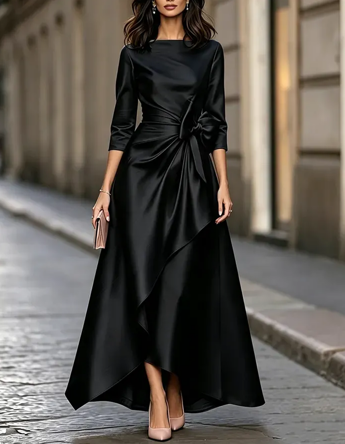 3/4 Sleeve Boat Neck Satin Waist Bow Asymmetrical Maxi Dress