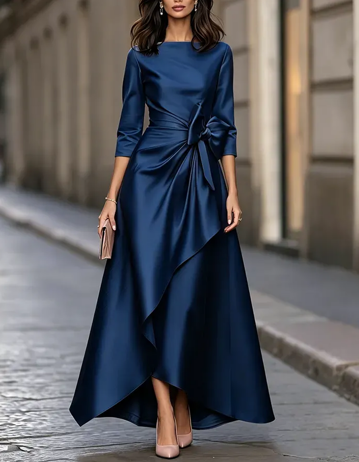 3/4 Sleeve Boat Neck Satin Waist Bow Asymmetrical Maxi Dress