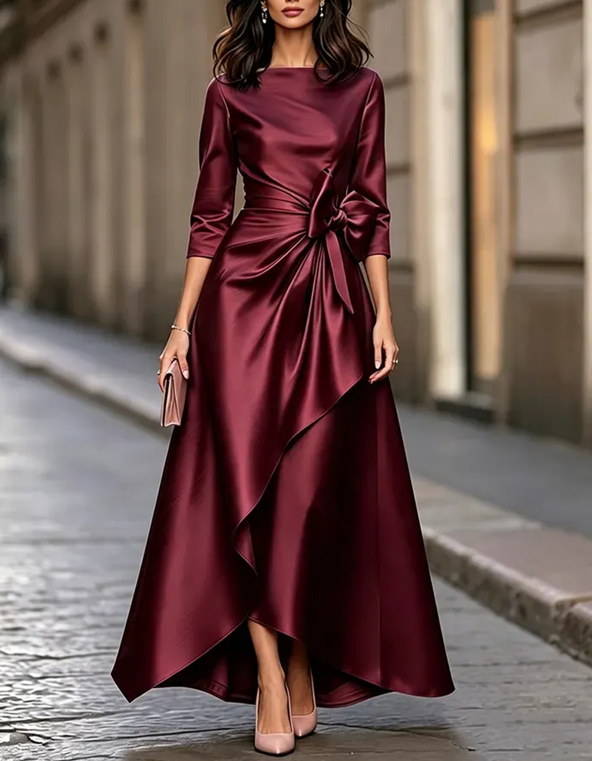 3/4 Sleeve Boat Neck Satin Waist Bow Asymmetrical Maxi Dress