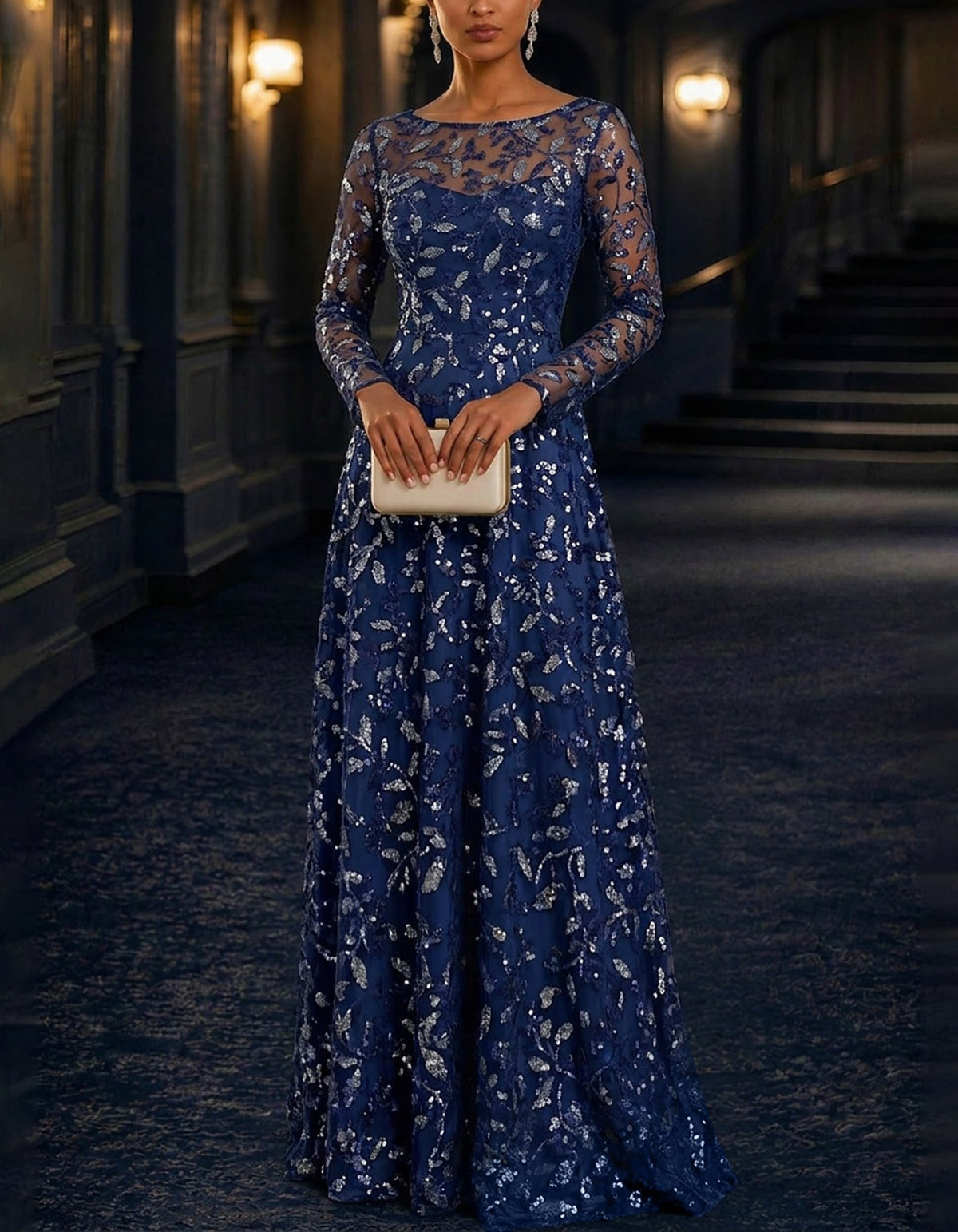 Maxikleid in Marineblau mit Illusion-Rundhalsausschnitt, Pailletten, Blattmuster und Tüll
