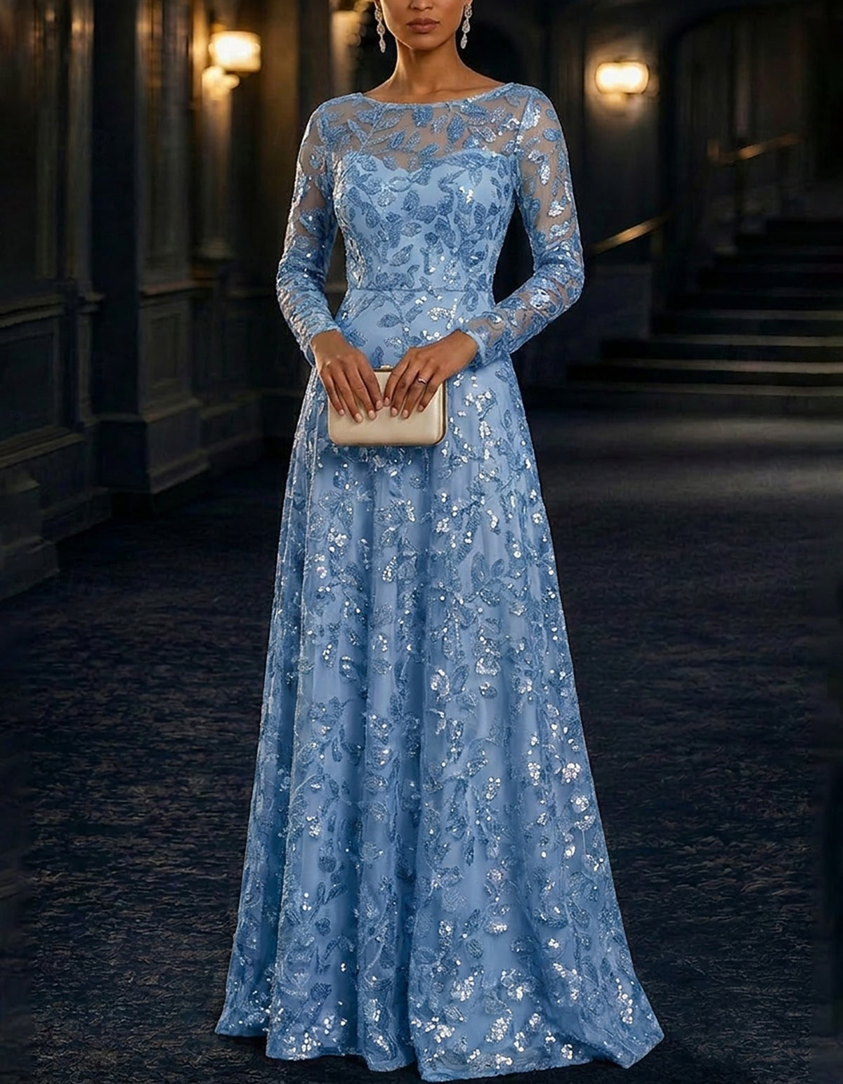 Navy Blue Illusion Round-Neck Sequin Leaf Tulle Maxi Dress
