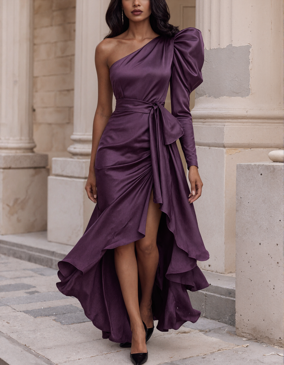 Robe longue en satin violet, à une épaule et à manches longues bouffantes