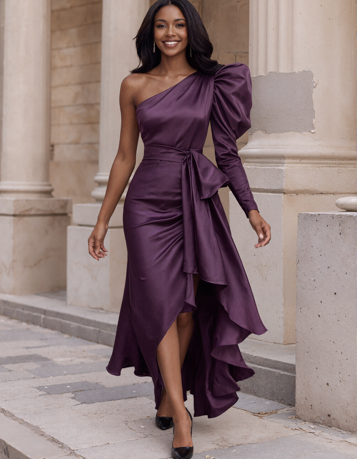 Robe longue en satin violet, à une épaule et à manches longues bouffantes