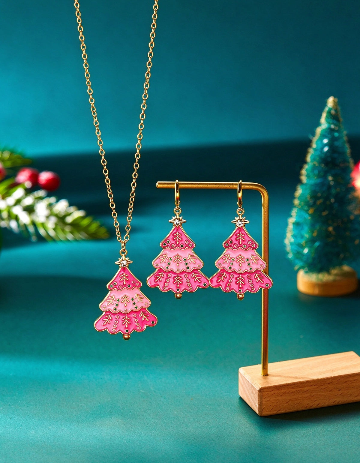 Schmuckset mit Weihnachtsbaum und rosa Farbverlauf