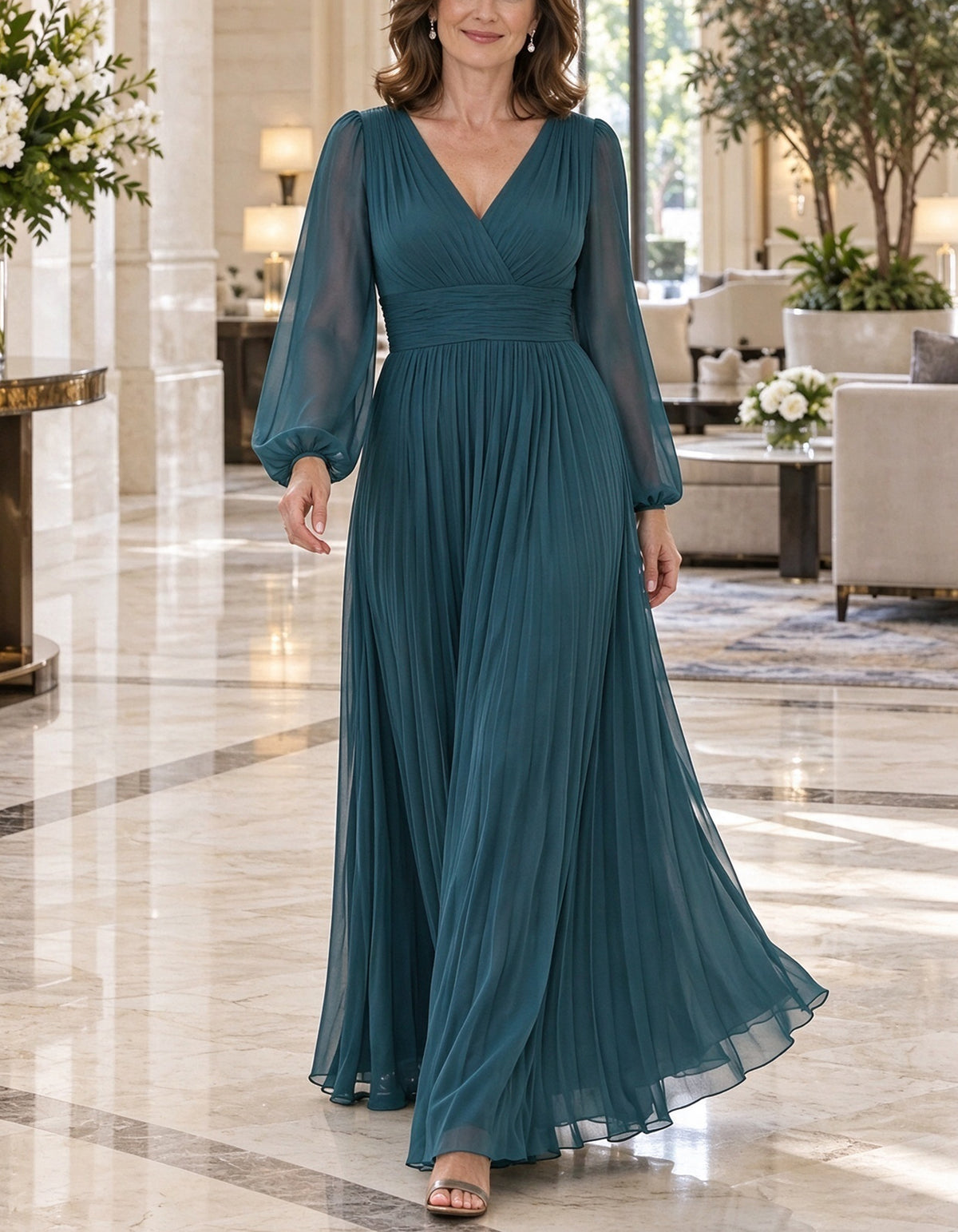 Teal Blue Chiffon V Neck Cross Ruched Lantern Long Sleeve Maxi Dress