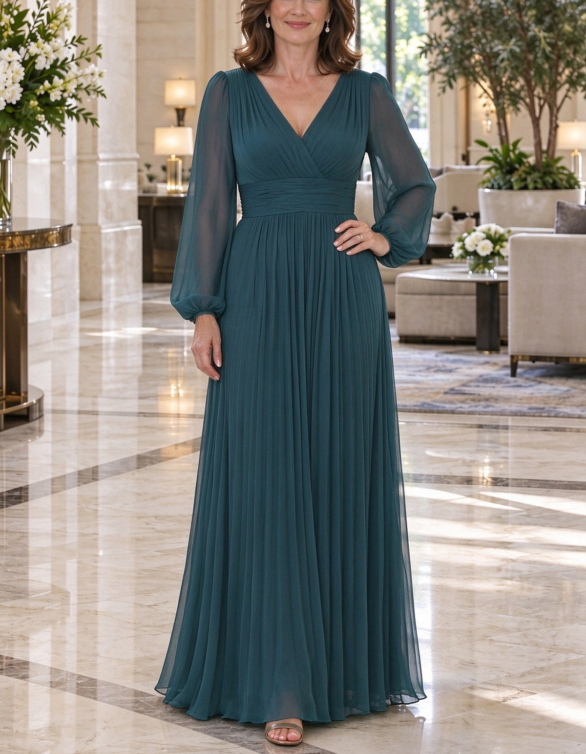 Teal Blue Chiffon V Neck Cross Ruched Lantern Long Sleeve Maxi Dress
