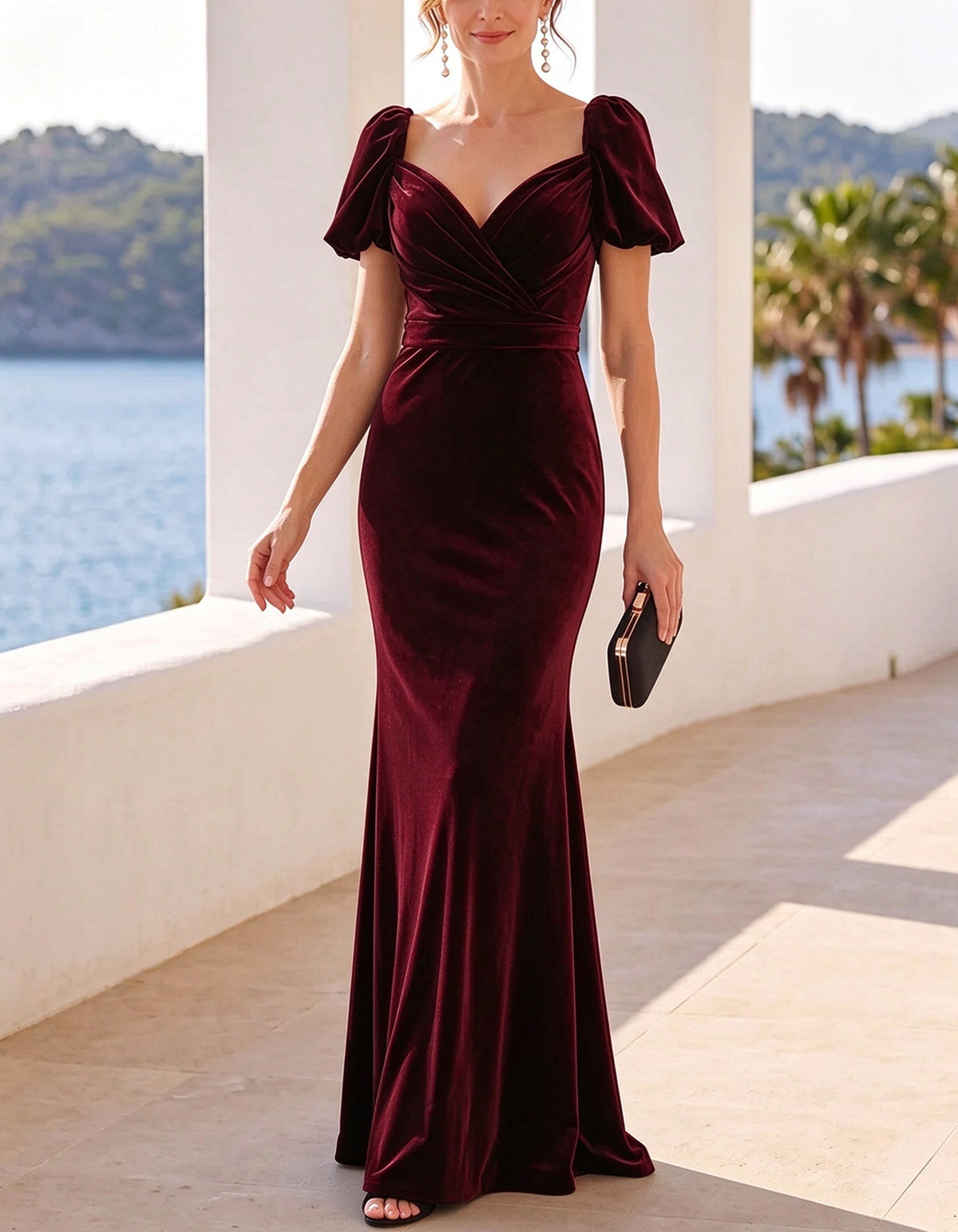 Samt-Maxikleid mit V-Ausschnitt und kurzen Puffärmeln