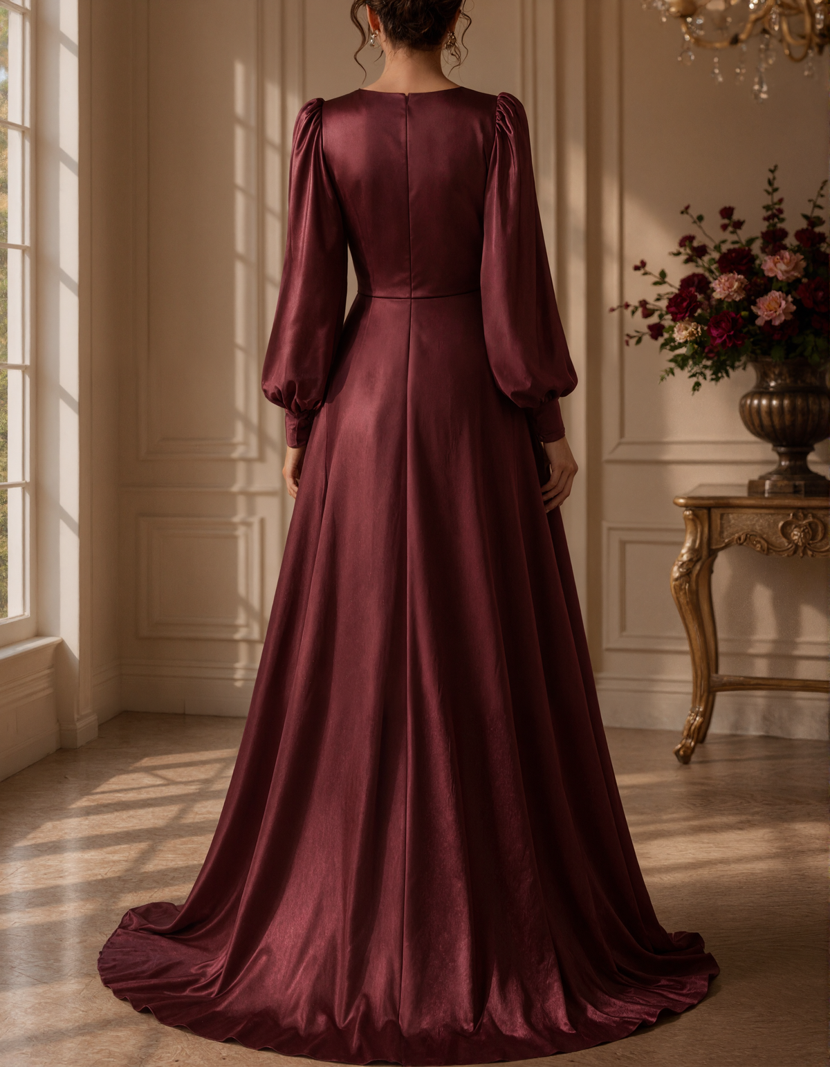 Burgundy Satin Deep-V With Long Puff Sleeves Maxi Dress