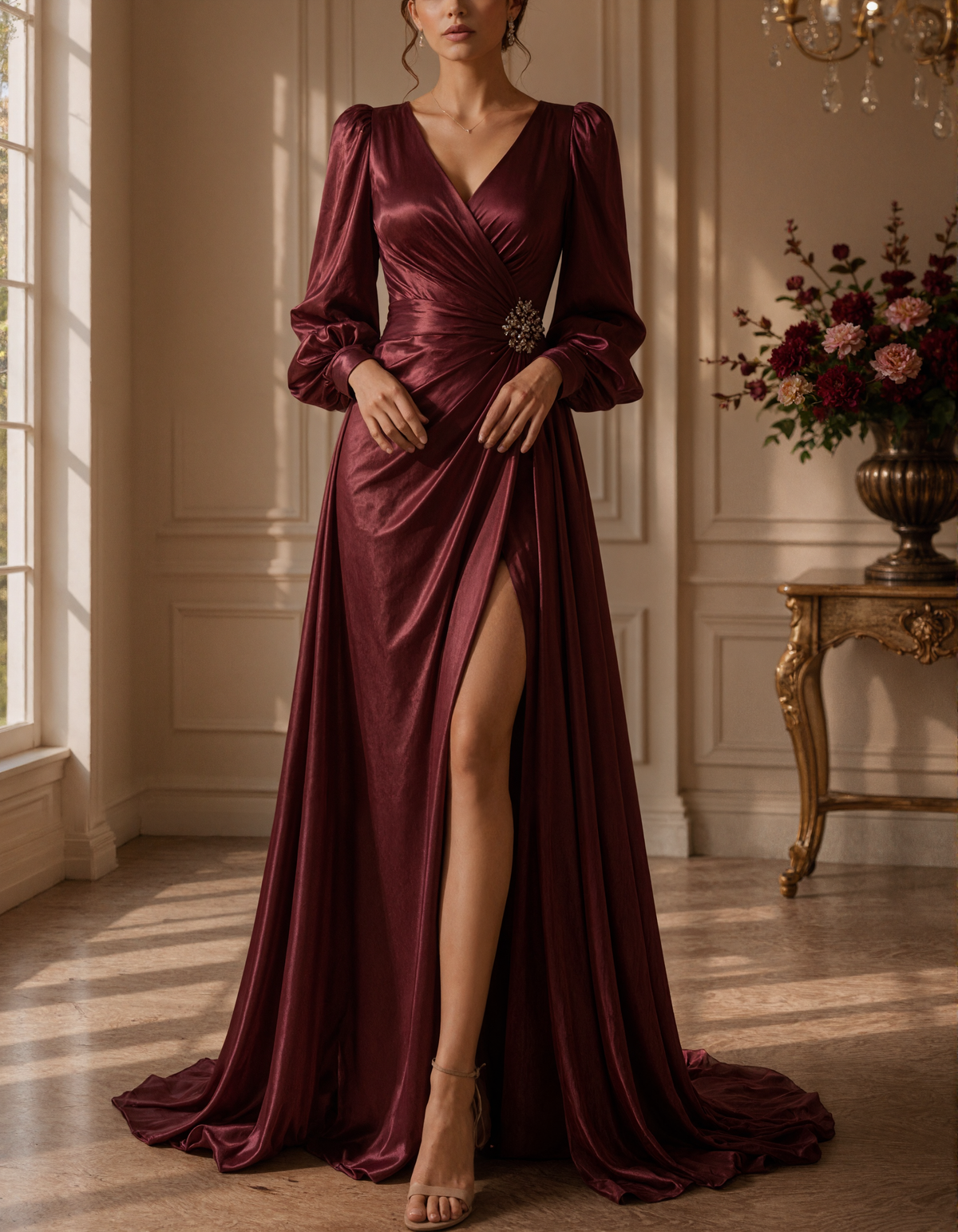 Burgundy Satin Deep-V With Long Puff Sleeves Maxi Dress