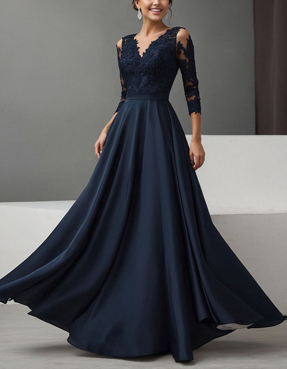 Dunkelblaues A-Linien-Maxikleid aus Spitze und Chiffon