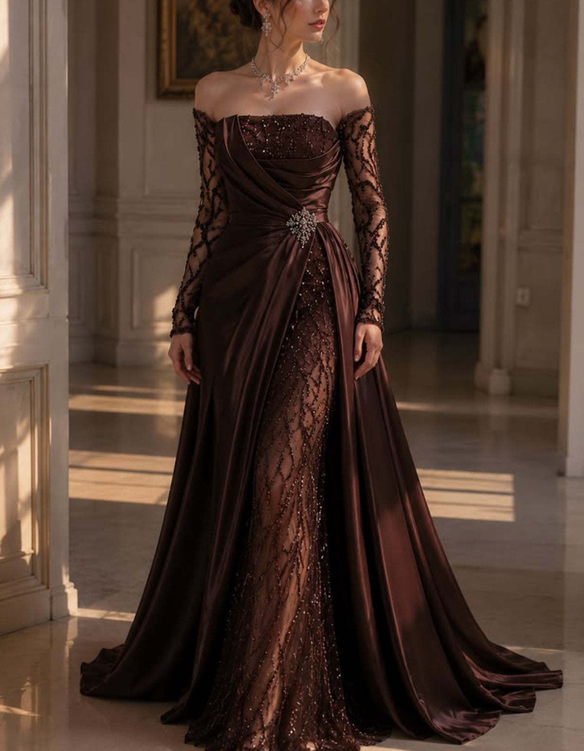 Braunes schulterfreies Satin-Maxikleid mit Pailletten