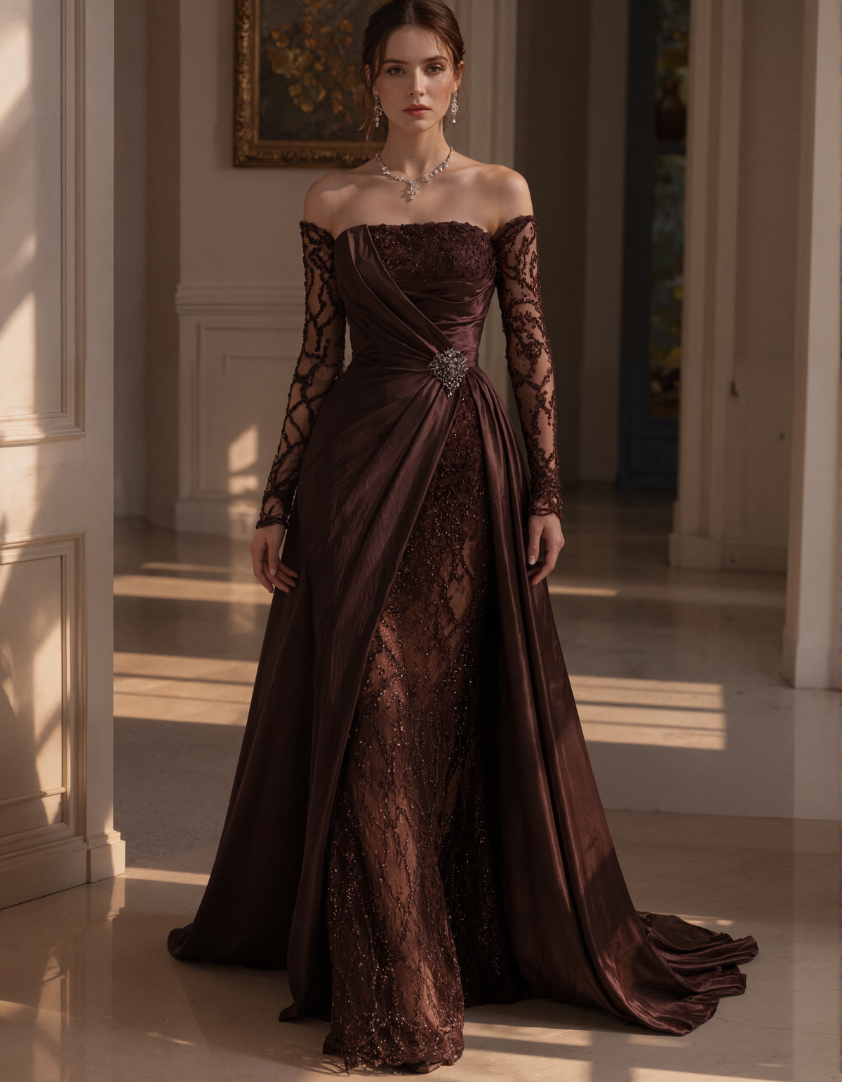 Braunes schulterfreies Satin-Maxikleid mit Pailletten